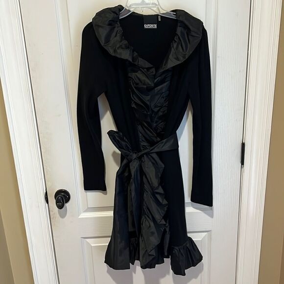 Exposite by Magaschoni Black Full Ruffle Sweater Coat - Picture 1 of 7